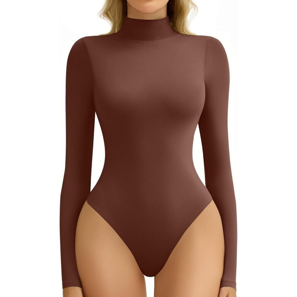Women's Mock Neck Long Sleeve Snap Closure Double Lined Soft Brown Bodysuits